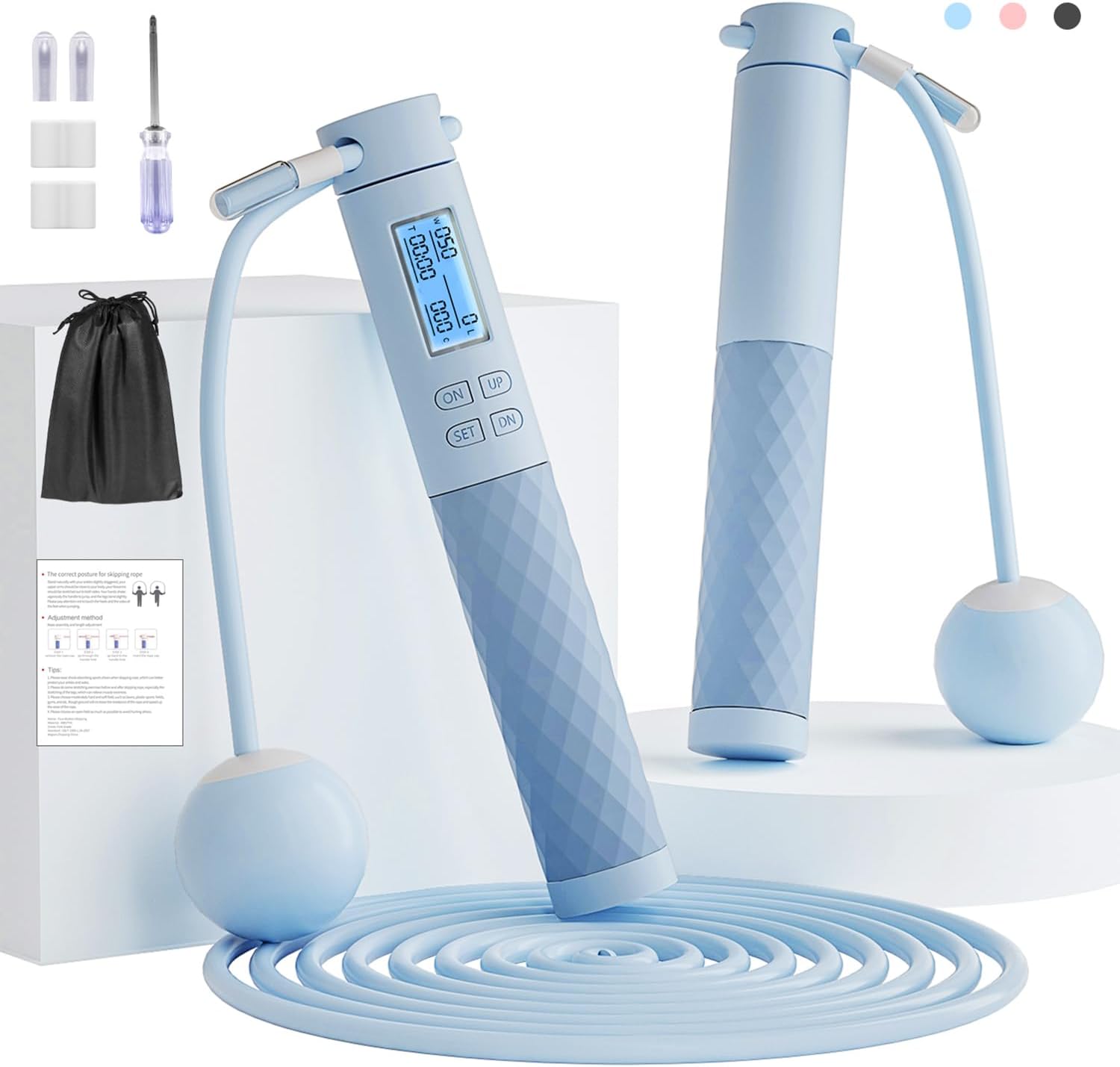 Fitness Jump Ropes with Calorie Counter and Silicone Handles for Women Men Kids with Speed Cordless Ball and 9.2 ft Adjustable Anti-Tangle PVC Wire Rope for Fitness Crossfit Indoor Outdoor Workout