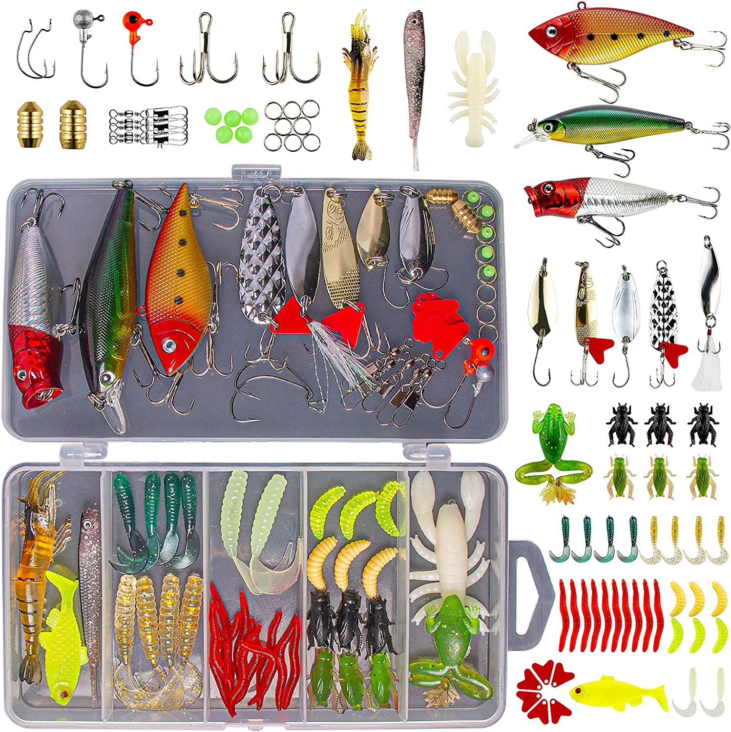 Fishing Lures Kit for Freshwater Bait Tackle Kit for Bass Trout Salmon Fishing Accessories Tackle Box Including Spoon Lures Soft Plastic Worms Crankbait Jigs Fishing Hooks